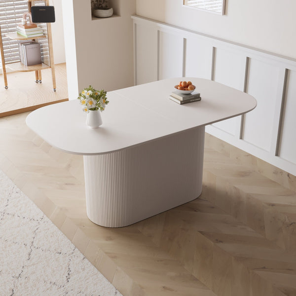 English Elm 63 Elegant MDF Dining Table with Carved Round Legs, Stain‑Resistant Surface, Seats 4‑8, Modern Appeal Cream W2189S00650