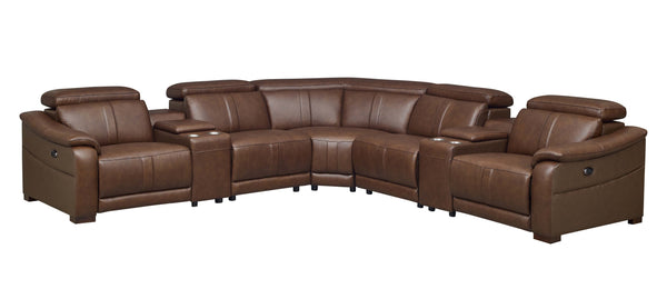 English Elm Leather Match Power Reclining Sectional with Storage Console and Adjustable Headrests Dark Brown B2748S00036