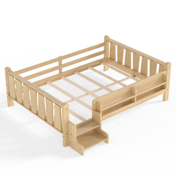 English Elm Twin Pine Floor Bed with Guardrails Built-in Bookcases and Stair Steps for Kids W1580P430186