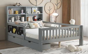 English Elm Full Solid Wood Platform Bed with Chalkboard Headboard, Storage Drawers & Shelves, Kid-Friendly White Gray W1580P362710