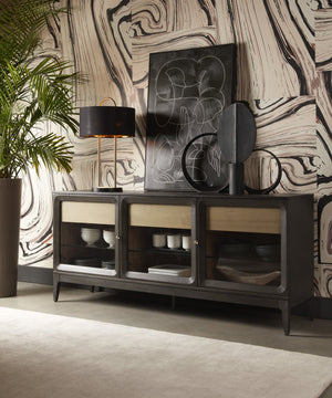 Sunpan Cecilia Sideboard - Elegant Mid-Century Design with Glass Doors, Smoke Grey Acacia & Brass Handles