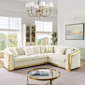 English Elm 106 Inch Velvet Tufted Chesterfield Sectional with Gold Steel Legs for Large Living Rooms Beige W1191S00047