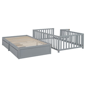 English Elm Twin Pinewood Daybed with Fence Guardrails Two Storage Drawers and Split Floor Bed Gray LP200881AAE