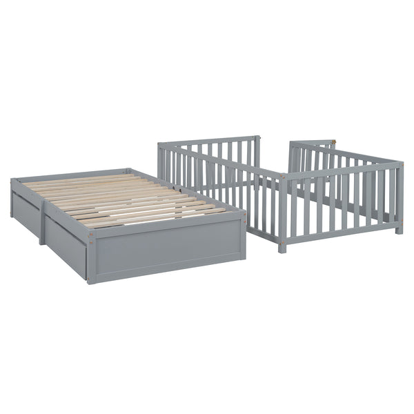 English Elm Twin Pinewood Daybed with Fence Guardrails Two Storage Drawers and Split Floor Bed Gray LP200881AAE