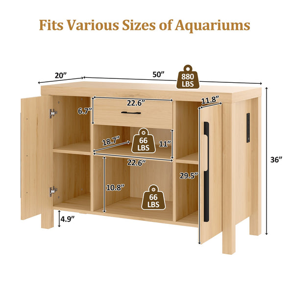 English Elm 55-75 Heavy Duty Aquarium Stand with Power Outlets, 880lb Capacity, 2 Cabinets + Drawer, Natural Finish N704P350198N