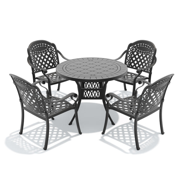 English Elm 5-piece Cast Aluminum Outdoor Dining Set with Ornate Carved Frame and Stackable Chairs W1710S00631