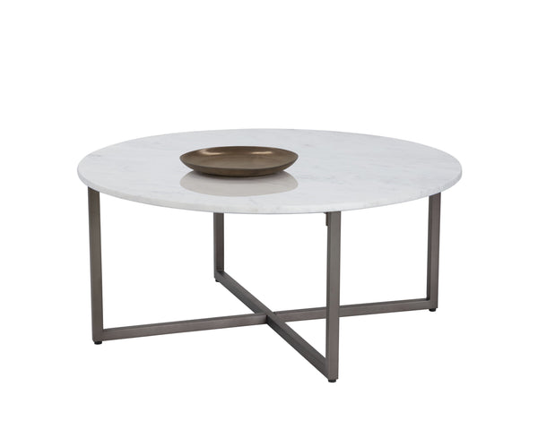 Sunpan Kiara Coffee Table - Elegant White Marble Top with Gunmetal Base, Modern Minimalist Design for Your Home Round - 38W x 38D x 17H