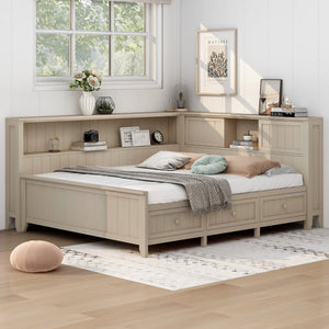 English Elm Full Full Size Wood Daybed with 3 Drawers & Shelves, Antique White Milk Finish — Storage, Charm, 400lb Capacity GX002214AAK