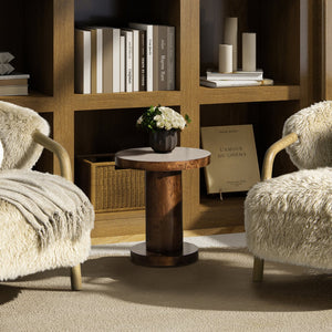 English Elm Bolin Burl Wood Round Side Table Sculptural Pillar Base Walnut Accent Piece B2719P280166