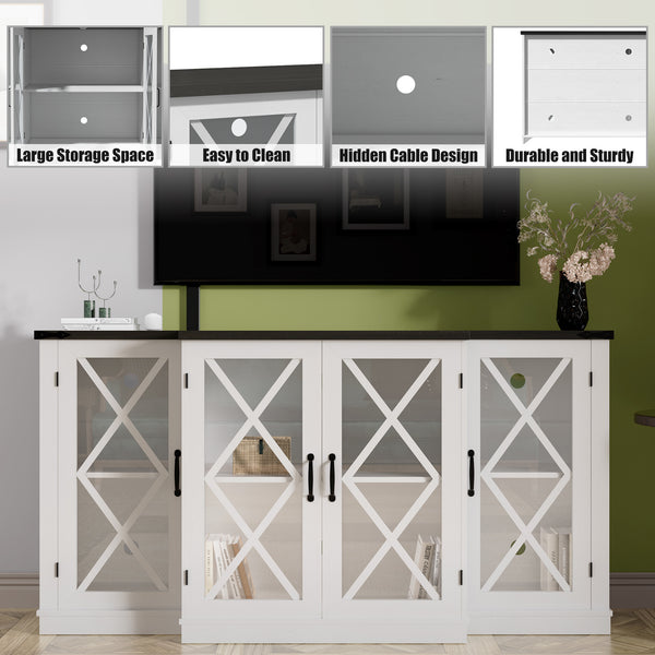 English Elm Farmhouse Rustic TV Stand with Barn Doors and Cable Management — Spacious Wooden Media Console White 68.9 L x 17.72 W x 6.77 H T3609P332399