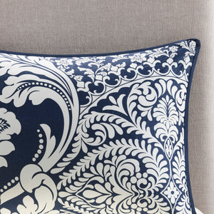 English Elm 7 Piece Cotton Printed Comforter Set - Elegant Indigo Damask Design For Luxurious Bedroom Style B03596962