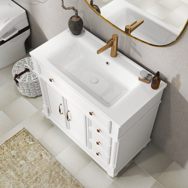 English Elm 35.6" Freestanding Bathroom Vanity with Roman Column Base and Ceramic Integrated Sink W1801S00009