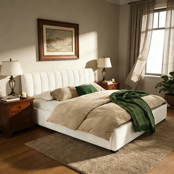 English Elm King Linen Upholstered Bed Curved Headboard Soft Pack Rubberwood Legs Neutral Bedroom N757K374304I