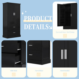 English Elm Tall Bathroom Storage Cabinet with Adjustable Shelves, Two Doors & Drawers, Space-Saving 66" Tall Black N725P178675B