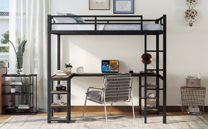 English Elm Full Metal Loft Bed With Vintage Wood Desk & Shelves - Stylish Space-Saving Solution For Bedrooms W1580S00040