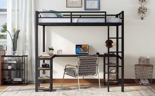 English Elm Full Metal Loft Bed With Vintage Wood Desk & Shelves - Stylish Space-Saving Solution For Bedrooms W1580S00040
