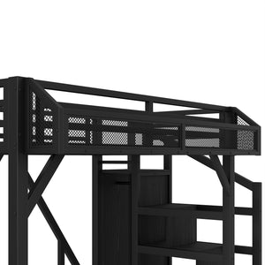English Elm Twin Metal Loft Bed with Wardrobe Storage Stairs Led Lighting and Usb Ports W1580S00405
