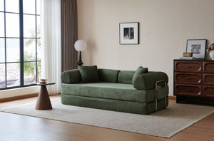 English Elm 78.8" Corduroy Modular Floor Sofa Convertible Sleeper Futon with Pillow Back Support Army Green W5617P455966