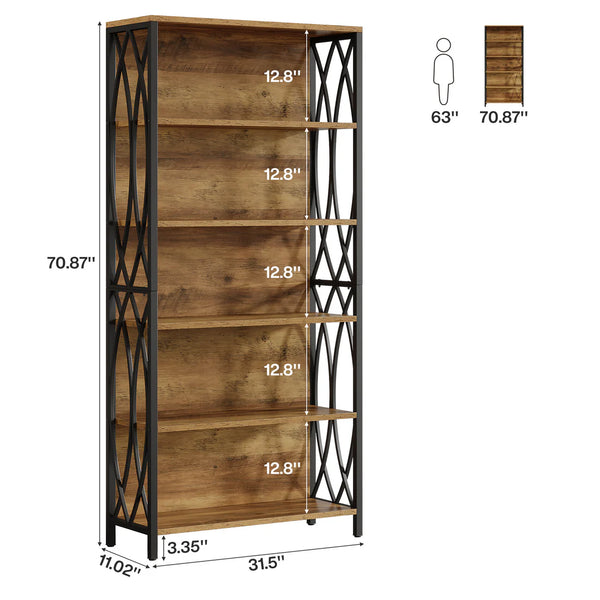 English Elm Storage Bookshelf with Vine Panel Design Seven Open Tiers for Living Room or Office T3971P461081