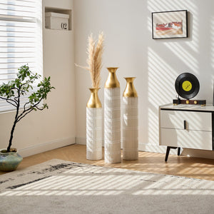 English Elm Floor White Metal Vases Set of 3 — Tall Glazed Cylinder Decor with Hammered Gold Trim, 24/28.7/33.5in W2796P193943