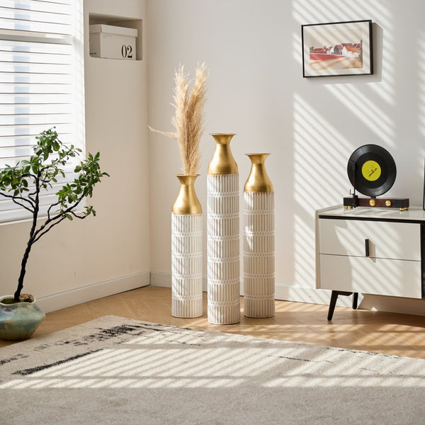 English Elm Floor White Metal Vases Set of 3 — Tall Glazed Cylinder Decor with Hammered Gold Trim, 24/28.7/33.5in W2796P193943