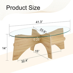 English Elm Oval Tempered Glass Coffee Table with Wood Grain Legs and Built-in Fan Tray Shelf W1151P256007