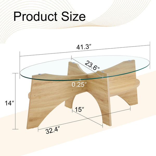 English Elm Oval Tempered Glass Coffee Table with Wood Grain Legs and Built-in Fan Tray Shelf W1151P256007