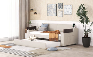 English Elm Twin Upholstery Daybed with Trundle, Storage Arms & USB Charging, Beige Linen, Durable Pine Frame SM000547AAA