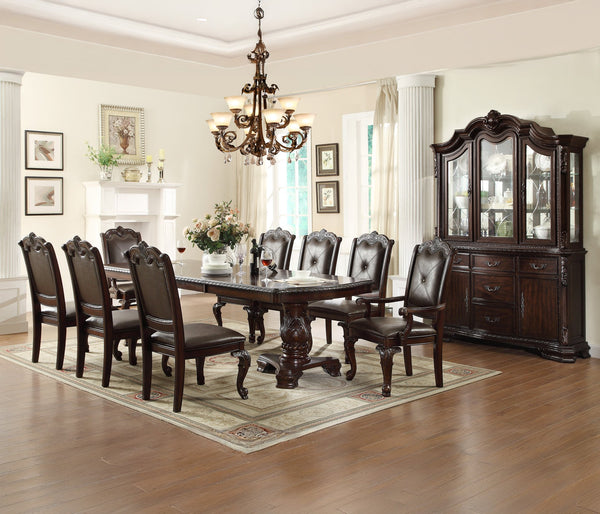 English Elm Formal 9pc dining set with extendable 18" leaf, carved double pedestal table and upholstered chairs Brown 74.5 L x 47.5 W x 9.5 H B2741S00549