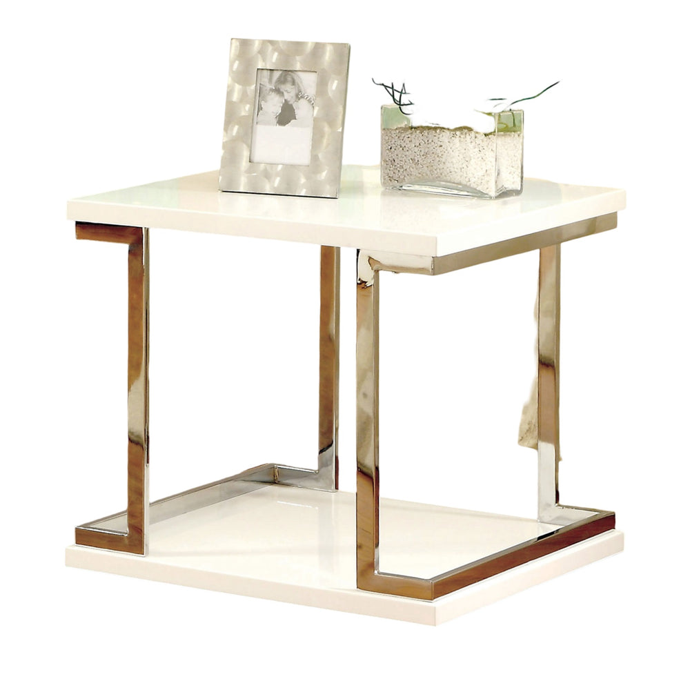 English Elm Contemporary White End Table with Chrome Frame accents, High-Gloss Lacquer Shelf, 23.6" Square, Modern Appeal B011S01029