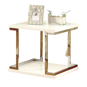 English Elm Contemporary White End Table with Chrome Frame accents, High-Gloss Lacquer Shelf, 23.6" Square, Modern Appeal B011S01029