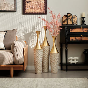 English Elm Floor Metal Vase Set - 3-Piece Modern Geometric Decor With Woven Texture & Glazed Finish,  Tall Accent W2796P255611