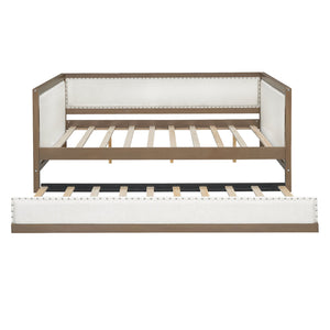 English Elm Full Upholstered Daybed with Trundle, Nailhead Trim, Solid Wood & Linen, Space-Saving 600lbs Capacity DL000588AAD