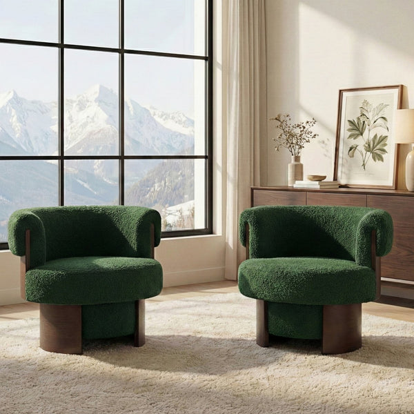 English Elm Modern Sculptural Barrel Swivel Chair Set of 2 with Bentwood Back for Living Room Green N760S0000060C