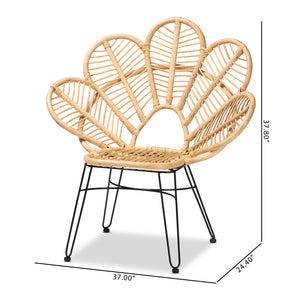English Elm Modern Bohemian Rattan Accent Chair with Leaf Backrest and Black Metal Legs B2750P470056