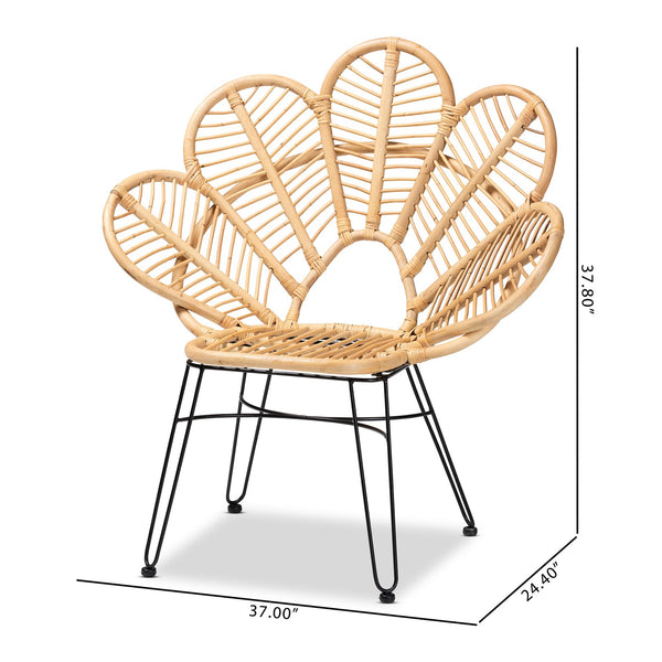 English Elm Modern Bohemian Rattan Accent Chair with Leaf Backrest and Black Metal Legs B2750P470056