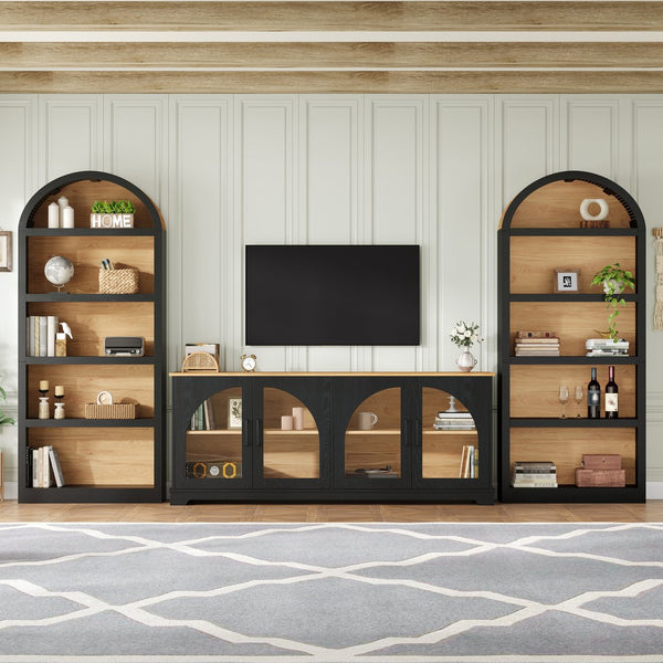 English Elm 3-piece Farmhouse Entertainment Center with Arched Glass Doors and Open Tower Shelving Black N721S000070B