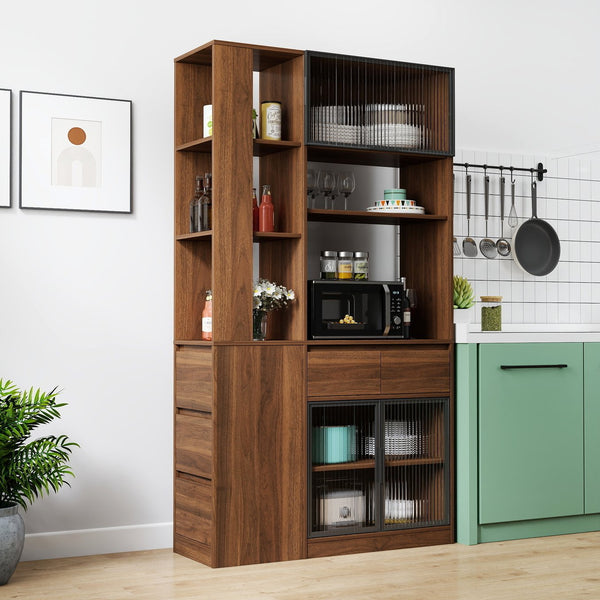 English Elm 70.87"h Tall Storage Cabinet Glass Panel Doors Asymmetric Drawers Modern Hallway Organizer W331S00205