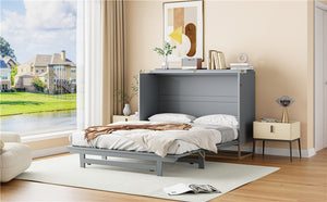 English Elm Murphy Queen Wall Bed with Frosted Glass Cabinet Facade Gold Legs Pine Frame Gray N820S00028E