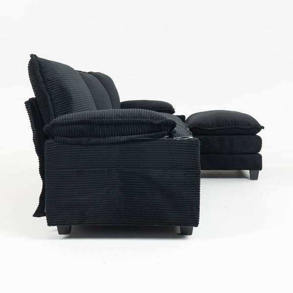 English Elm Modern Black Corduroy L-shaped Sectional with Ottoman for Spacious Living Rooms W2715P382263