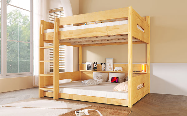 English Elm Queen Over Pine Bunk Bed with Built-in Shelves and Usb Charging Ports Wood N7090002238D