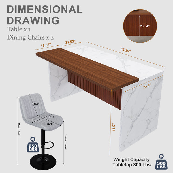 English Elm 63" Modern Kitchen Island Set With 2 Gray Bar Stools - Stylish Marble Look, Led Lighting & Versatile Use W2699S00070