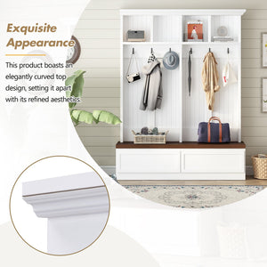 English Elm Rattan Door Hall Tree Bench with 6 Hooks Farmhouse Entryway Storage White+Walnut N721S000076K