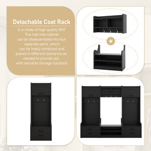 English Elm 4-in-1 Hall Tree with Bench, 7 Hooks, 2 Cabinets & 4 Drawers for Entryway Storage and Seating Black W1580S00089