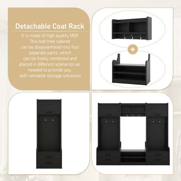 English Elm 4-in-1 Hall Tree with Bench, 7 Hooks, 2 Cabinets & 4 Drawers for Entryway Storage and Seating Black W1580S00089