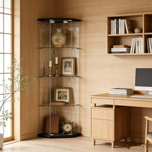 English Elm Tempered Glass Corner Display Cabinet with Rgb Lighting Locking Door and Adjustable Feet Black W3155P449087