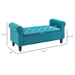 English Elm HOMCOM Tufted 50" Storage Ottoman Bench with Rolled Arms, Velvet Seat, Wooden Legs & Safety Hinge (Teal) W2225P229390