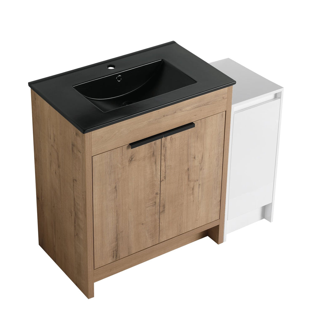 English Elm 42 Inch Freestanding Bathroom Vanity With Black Ceramic Sink, Soft-Close Doors, And Storage Solutions W999S00310