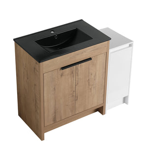 English Elm 42 Inch Freestanding Bathroom Vanity With Black Ceramic Sink, Soft-Close Doors, And Storage Solutions W999S00310