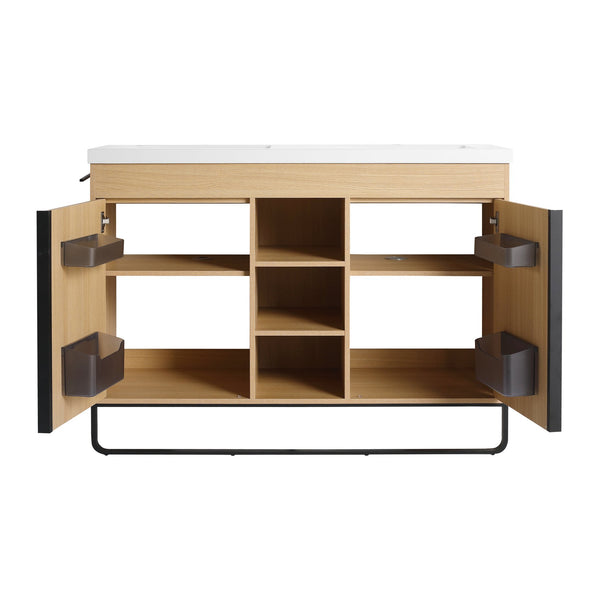 English Elm 48" Freestanding Bathroom Vanity With Resin Double Sink, Soft-Close Doors & Open Storage For Modern Style W999S00479